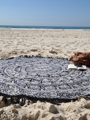 Black & White Bohemian Elephant Mandala Roundie Beach Throw, Fringed Round Table Cloth