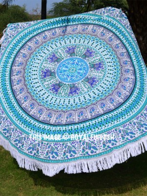 Bohemian Elephant Mandala Roundie Beach Throw, Hippie Fringed Round Table Cloth
