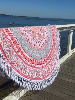 Bohemian Elephant Mandala Roundie Beach Throw, Hippie Fringed Round Table Cloth