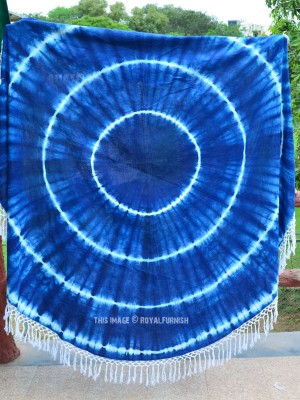 Hippie Shibori Tie Dye Mandala Circle Roundie Beach Blanket Throw, Fringed Round Table Cloth