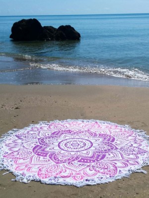 Boho Lotus Ombre Mandala Roundie Beach Throw, Fringed Round Table Cloth