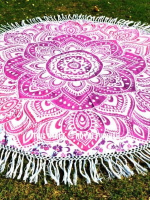 Boho Lotus Ombre Mandala Roundie Beach Throw, Fringed Round Table Cloth