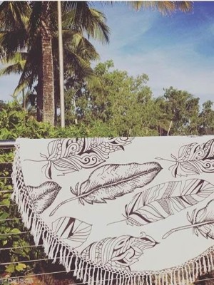 Black & White Summer Feathers Roundie Beach Throw, Boho Fringed Round Table Cloth