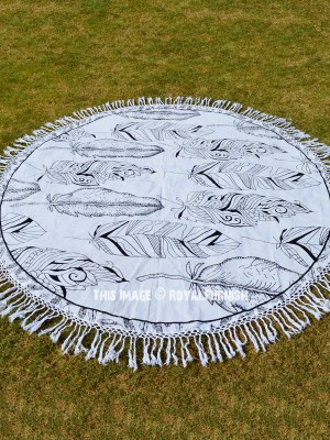 Black & White Summer Feathers Roundie Beach Throw, Boho Fringed Round Table Cloth