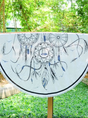 Hippie Dreamcatcher Roundie Beach Throw, Boho Fringed Round Table Cloth