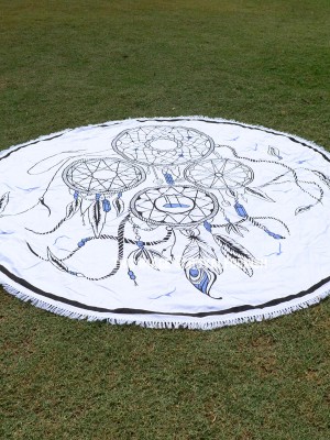 Hippie Dreamcatcher Roundie Beach Throw, Boho Fringed Round Table Cloth
