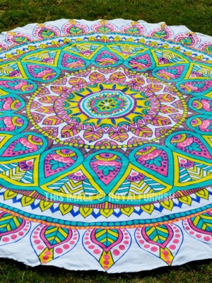 Multi Colorful Hippie Mandala Roundie Beach Throw, Boho Round Table Cloth