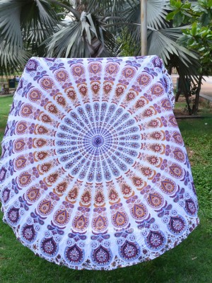 White Multi Colorful Hippie Mandala Roundie Beach Throw, Boho Round Table Cloth