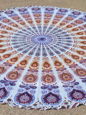 White Multi Colorful Hippie Mandala Roundie Beach Throw, Boho Round Table Cloth