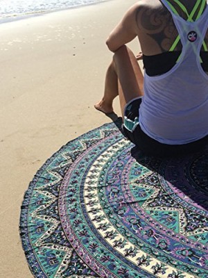 Multicolor Star Mandala Roundie Beach Throw, Bohemian Round Table Cloth