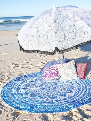 Bohemian Medallion Mandala Roundie Beach Throw, Pom Pom Round Table Cloth