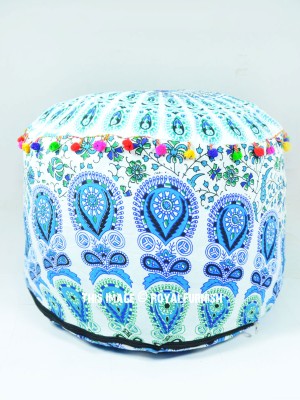 Boho Chic Peacock Mandala Pouf Cover Round Indian Seating Ottoman Cover 22"