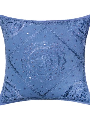 18" Unique Gujarati Handmade Mirror Work Star Embroidered Square Decorative Throw Pillow Cover
