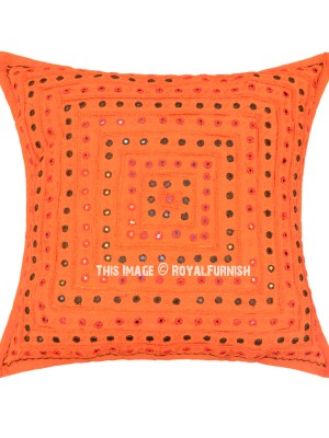 24" Unique Handmade Mirror Work Embroidered Bohemian Square Decorative Throw Pillow Case