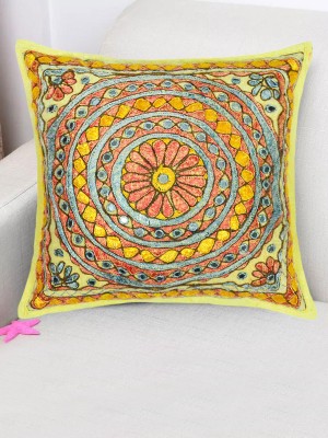 16" Unique Boho Handmade Mirror Work Embroidered Square Decorative Throw Pillow Cover