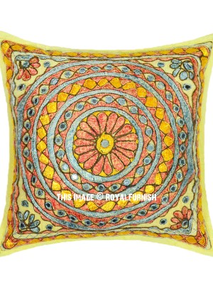 16" Unique Boho Handmade Mirror Work Embroidered Square Decorative Throw Pillow Cover