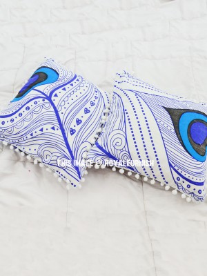 Boho Peacock Feather Decorative Cotton Pom Pom Square Throw Pillow Case Set of 2