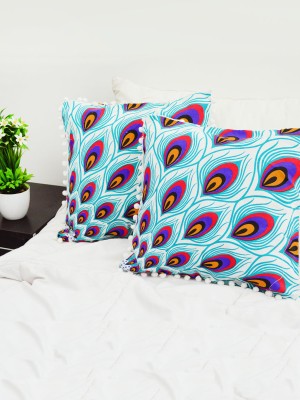 Boho Peacock Feather Decorative Cotton Pom Pom Square Throw Pillow Case Set of 2