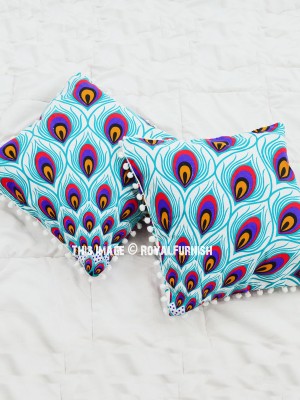 Boho Peacock Feather Decorative Cotton Pom Pom Square Throw Pillow Case Set of 2