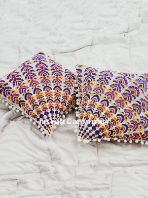 16" Bohemian Mandala Cotton Square Decorative Pom Pom Throw Pillow Case Set of 2