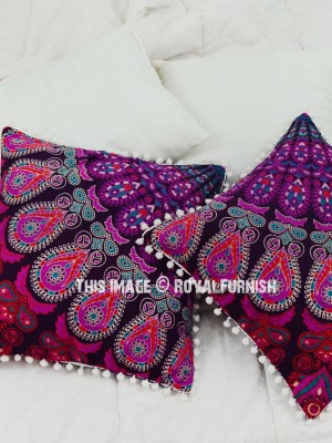 16" Bohemian Mandala Cotton Square Decorative Pom Pom Throw Pillow Case Set of 2