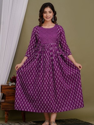 Purple Baby Feeding Gown Booty Floral Printed Maternity Kurti Round Neck Anarkali Kurta with Hidden Feeding Zip