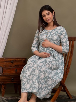Grey Floral Print Soft Cotton Maternity Kurti Gown for Baby Feeding Anarkali Kurti with Hidden Feeding Zip