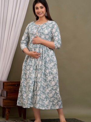 Grey Floral Print Soft Cotton Maternity Kurti Gown for Baby Feeding Anarkali Kurti with Hidden Feeding Zip