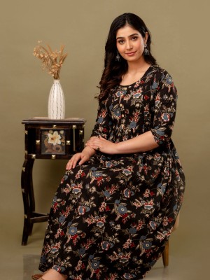 Black Floral Printed Baby Feeding Gown Cotton Maternity Anarkali Kurti with Both Side Hidden Feeding Zip