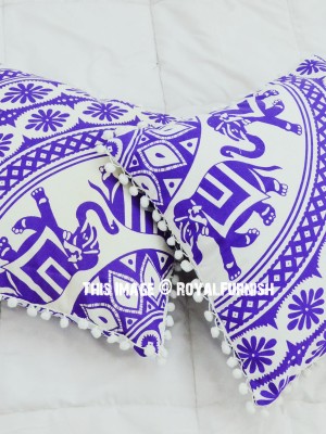 Boho Elephant Mandala Decorative Pom Pom Cotton Square Throw Pillow Case Set of 2