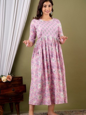 Baby Pink Floral Print Soft Cotton Maternity Gown for Baby Feeding Anarkali Kurti with Discreet Zip for Pre and Post Pregnancy Kurti