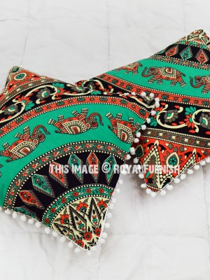 Multicolored Indie Bohemian Decorative Pom Pom Throw Pillow Cover Set of 2