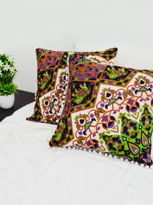 Multicolored Indie Bohemian Mandala Decorative Pom Pom Throw Pillow Cover Set of 2