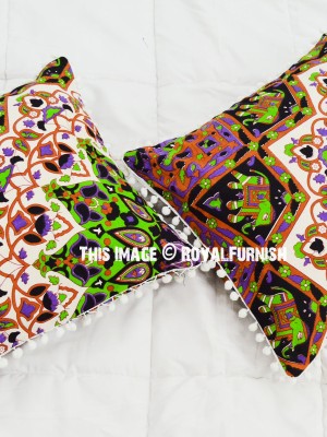 Multicolored Indie Bohemian Mandala Decorative Pom Pom Throw Pillow Cover Set of 2