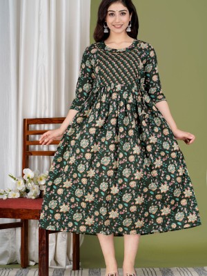 Dark Green Floral Print Soft Cotton Maternity Gown for Baby Feeding Anarkali Kurti with Discreet Zip for Pre and Post Pregnancy Kurti