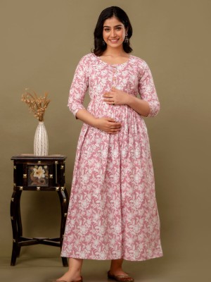 Peach Floral Cotton Maternity Baby Feeding Gown Anarkali Kurti with Hidden Feeding Zip Pregnancy Kurti