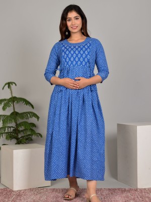 Blue Lehariya Print Cotton Maternity Baby Feeding Gown Anarkali Kurti with Hidden Feeding Zip