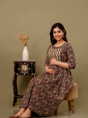 Dark Green Floral Print Soft Cotton Maternity Gown for Baby Feeding Anarkali Kurti with Discreet Zip for Pregnancy Kurti