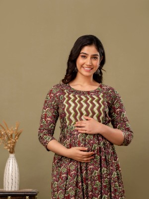 Dark Green Floral Print Soft Cotton Maternity Gown for Baby Feeding Anarkali Kurti with Discreet Zip for Pregnancy Kurti