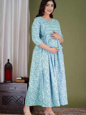 Light Blue Floral Print Soft Cotton Maternity Gown for Baby Feeding Anarkali Kurti with Discreet Zip