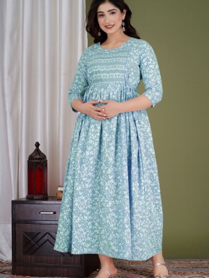 Light Blue Floral Print Soft Cotton Maternity Gown for Baby Feeding Anarkali Kurti with Discreet Zip