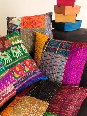 16" Vintage Silk Sari Multi Patchwork Dupioni Kantha Throw Pillow Case