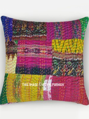 16" Vintage Silk Sari Multi Patchwork Dupioni Kantha Throw Pillow Case