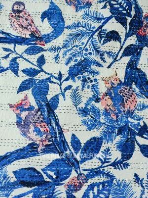 Colorful Owl Sitting on Tree Handmade Kantha Quilt Bedding Blanket - Queen Size