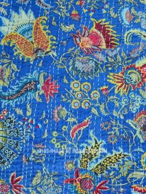 Multi Color Bohemian Floral Hand Stitched Kantha Quilt Bedding Bedspread - Queen Size