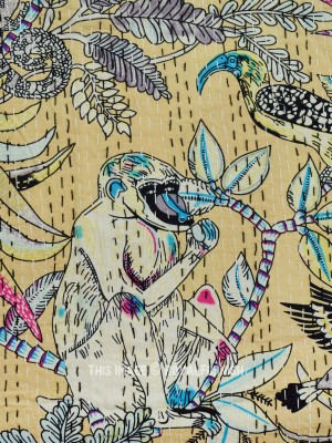 Monkey Jungle Life Print Handmade Kantha Quilt Bedding Bedspread - Queen Size