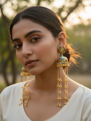 Zahra New Kashmiri Long Jhumka Earring Set Ethnic Trendy Indian Golden Earrings