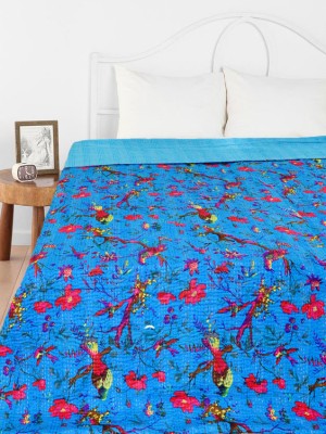 Queen Bird Paradise Print Handmade Jaipuri Kantha Quilt Bedding Bedspread