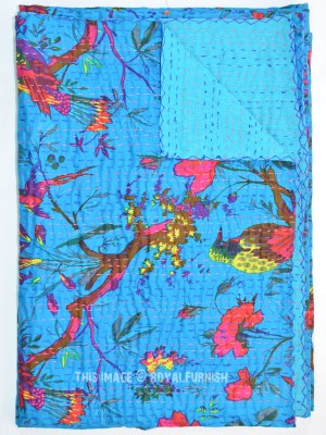 Queen Bird Paradise Print Handmade Jaipuri Kantha Quilt Bedding Bedspread