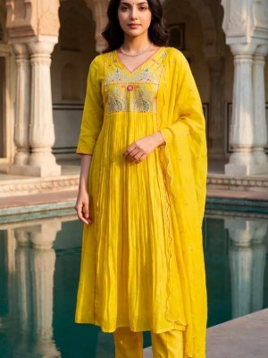 Yellow Designer Anarkali V-Neck Embroidered Cotton Kurti Pant With Dupatta (Set Of 3)